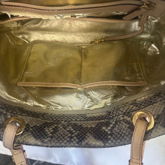 Michael Kors Python Embossed Shoulder Tote Bag Metallic Gold Interior Handbag - Picture 10 of 13